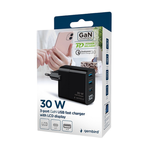 GEMBIRD Caricabatterie 30W GaN FastCharger LCD 3-porte Nero