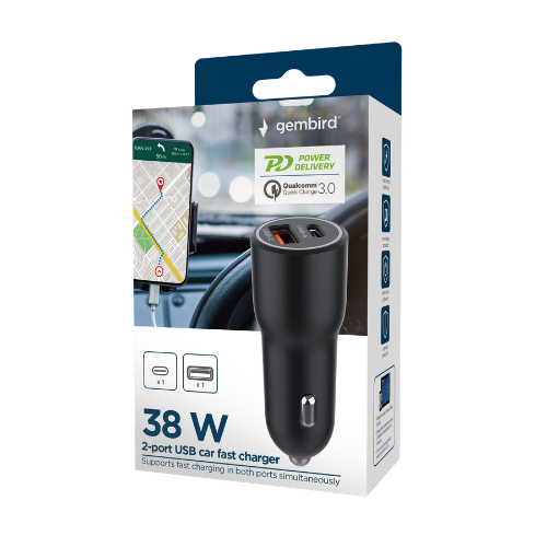 GEMBIRD Caricabatterie auto 2 USB-C e USB-A fast Nero