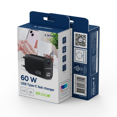 GEMBIRD Caricabatterie 60W FastCharger USB-C con LCD Nero