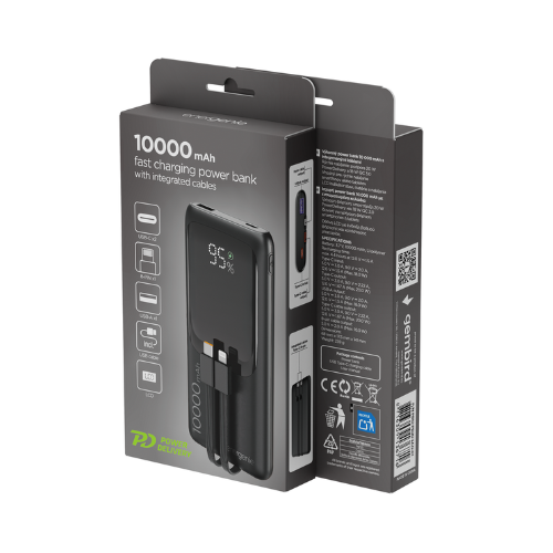 GEMBIRD Power bank da 20W slim con cavi, 10000 mAh, nero