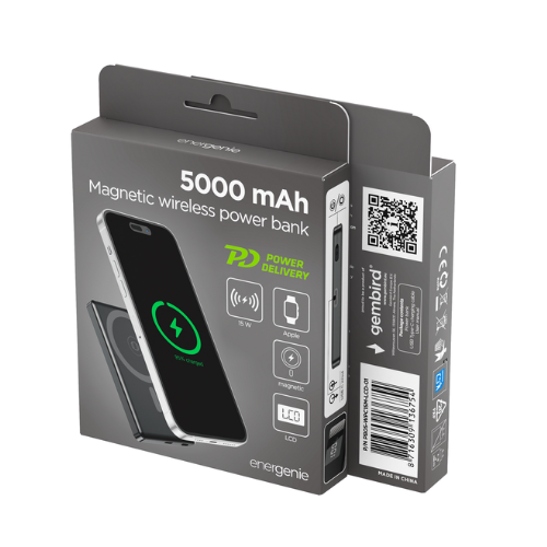 GEMBIRD Power bank wireless da 15 W, con LCD, 5000 mAh, nero