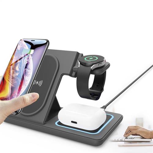 GEMBIRD caricabatterie wireless pieghevole 3 in 1, 15 W, nero