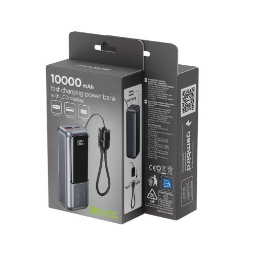 GEMBIRD Power bank 20W compatto con cavi, lcd, 10000 mAh, nero